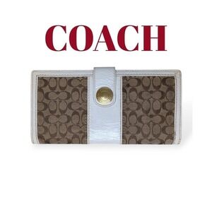 Coach Signature Wallet Mini C Jacquard Canvas Patent Leather Trifold Khaki Ivory
